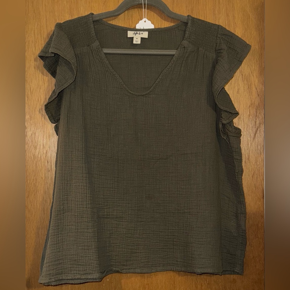 Style & Co. Dark Olive Ruffle Sleeve Blouse, Size 2X